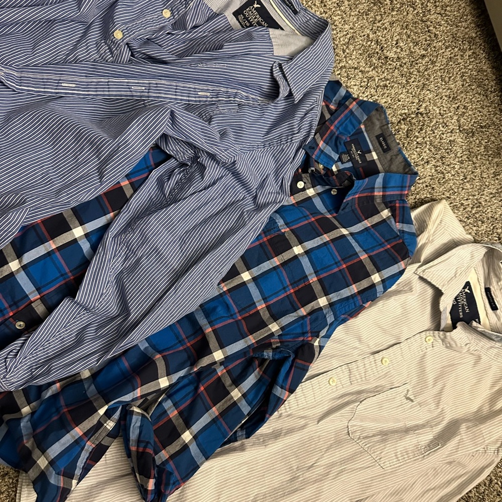 Lot 3 Blue Plaid & Striped Men’s Button-Down Shirt